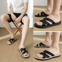 Japan 2022 new summer linen slippers mens outside wearing vintachial sandals Han version of the beach shoe