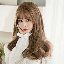 Wig female long hair Medium long hair Air bangs Curly hair Long curly hair repair face full head cover Pear flower head micro-volume wig cover