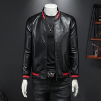 Boutique mens clothing 2021 autumn leather mens fashion Korean version handsome baseball collar leather jacket carat chain large size jacket