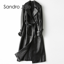 sandro josie leather jacket coat female harbor style retro classic suit collar belt 2021 long plus size windbreaker