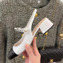 High version spring summer Miu word button pearl chain single shoe Miu Marie precious retro coarse heel sandal heel sandal