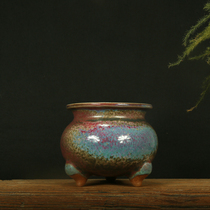 Jun porcelain three-legged incense burner ore glaze high temperature firing young artist Zhang Qinfeng