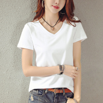 White short-sleeved womens t-shirt v-neck loose summer 2021 new half-sleeved chicken heart collar pure cotton bottoming t-shirt clothes