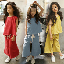  2021 summer Korean childrens clothing girls summer sleeveless T-shirt wide leg pants suit parent-child outfit Middle and large child mother and daughter outfit
