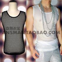 Nightclub bar male singer DJ Richeng Long also white perspective mesh mens vest vest performing suit