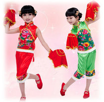 Childrens festive northeast big flower cloth two people turn hand silk dance chorus performance dress female kindergarten ethnic style Yangge suit