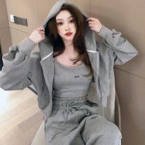 Online Red Burst Sports Suit Women Spring Autumn 2022 New Tandem Hat Sweatshirt Fashion Casual Minus Age Bunch Foot Three Sets