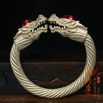 Nepal handmade old silversmith inlaid gem double dragon head silver ornaments twisted silk Open silver bracelet old silver transfer silver bracelet