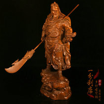 Antique old boxwood carving Martial God of wealth Guan Gong standing statue Home study office Feng Shui lucky offering ornaments