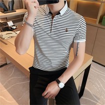 YAKX knitted short-sleeved POLO shirt mens summer stripe embroidery slim-fit mens t-shirt trend casual top Paul shirt
