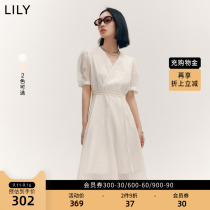 LILY2022 Autumn New Womens Elegant Temperament Solid Color Thin V-Neck Romantic Puff Sleeves High-Waist Dress