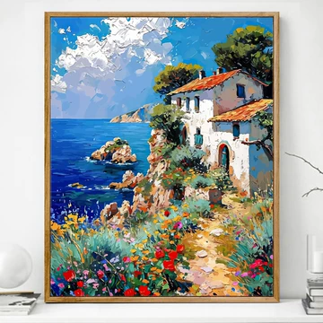 油彩画　海　小屋 数字油画海边小屋-数字油画海边小屋促销价格、数字油画海边小屋