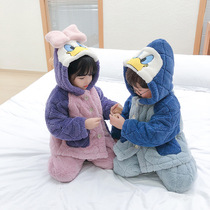 Male and female baby home clothing suit outer flannel plus velvet thickened childrens warm pajamas three-layer cotton cartoon