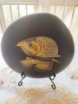Hand-painted stone painted with acrylic pebble landscape painting gift golden dragon fish