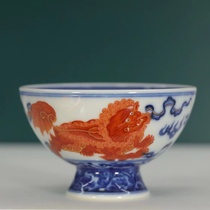 Yu Yin Kiln Yu Guowang made blue and white alum red gold lion ball pattern high foot Cup Single Cup (Hua Yixuan)