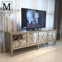 Light luxury solid wood TV cabinet American stainless steel hollow audio-visual cabinet mirror champagne gold modern high-end glass floor cabinet