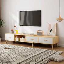 TV cabinet telescopic modern simple TV floor cabinet tea table combination small apartment Nordic simple living room solid wood legs