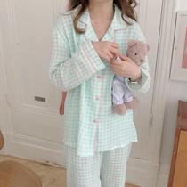 Cotton gauze pajamas female spring and autumn long sleeve plaid simple Korean version ins fresh student Net red two-piece set outside wear