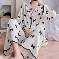 Net red fairy pajamas female summer ice silk long sleeve simulation silk thin summer home clothes two-piece suit can be worn outside