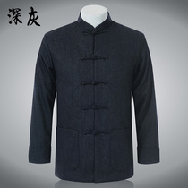 Middle-aged and elderly men long-sleeved wool woolen coat autumn and winter style Chinese stand collar Tang suit loose large size jacket jacket