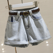 Light blue high waist denim shorts women loose 2021 summer new Korean version crimped a word wide leg hot pants E335