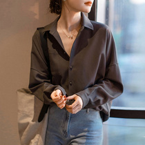  European station gray shirt womens design sense niche 2021 autumn retro Hong Kong loose mid-length silhouette shirt