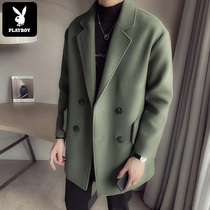 Playboy long trench coat mens spring and autumn winter Tide brand woolen cloth coat British style high sense coat