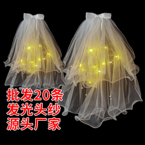 Luminous veil stall bow with light net red photo props artifact certificate wedding short veil headdress
