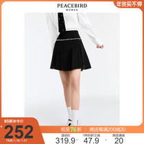 Taiping bird black mesh stitching pleated skirt women 2021 autumn and winter New High waist a small skirt