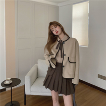 College wind woolen pocket coat irregular long bow tie line shirt three-piece set
