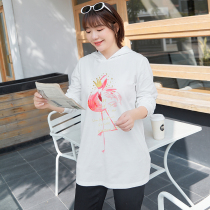 (Clearance 80 yuan)Large size womens clothing 2021 Spring fat sister glitter coating Flamingo print hooded sweater