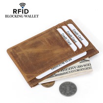 Mens first layer Crazy Horse cowhide card bag anti-degaussing European and American fashion bank card bag anti-theft brush leather coin clip