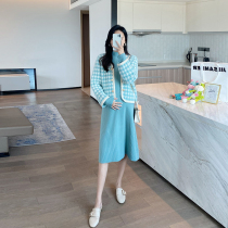 (Shuang Shuang maternity recommended) pregnant womens suit autumn plaid knit jacket with medium and long dress women