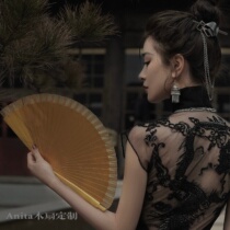 Anita wooden country fan dance fan opening and closing with sound deco-face ambush prop fan gold fan baking paint fan