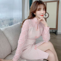 Cheongsam modified version knitted women autumn and winter 2021 New temperament slim thickened inner tie sweater skirt