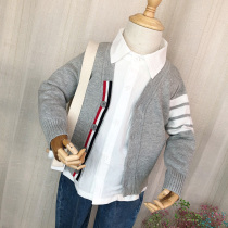 Spring and autumn Korean version of cotton childrens sweater college style tb bar stripe boys and girls V-neck knitted cardigan foreign style jacket