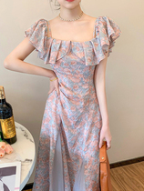 French gentle style shoulder ruffle dress 2021 summer new sweet sling and ankle floral skirt