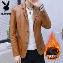 Playboy leather men autumn and winter New Korean version of the trend handsome slim leather jacket jacket men plus velvet suit