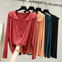 Modal pajamas Womens Spring and Autumn long sleeves large size thin doll collar top summer loose sunscreen home wear cardigan