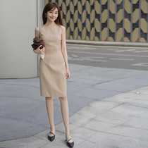  2021 summer khaki sleeveless stand-up slim slim temperament elegant medium-long bag hip solid color dress female