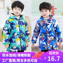 Childrens waterproof coat autumn and winter plus velvet baby eating bib women painting anti-Dirty Apron long sleeve down jacket