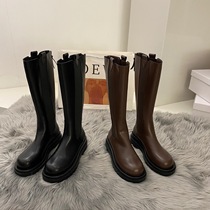 Niche long tube Knight boots womens shoes autumn and winter 2021 plus velvet Knight small man Brown British wind long boots