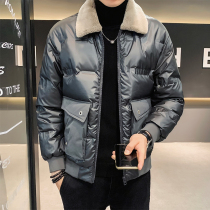 Winter bright down jacket mens short Korean version of Joker youth white duck down thickened warm lamb cashmere collar coat tide
