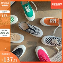 Deer and girlfriend plaid canvas shoes womens summer thin lazy pedal leisure board shoes womens 2021 new