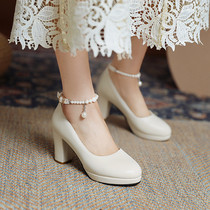 High heels womens 2021 new round-headed wedding shoes one-word buckle small size 33 bridesmaid shoes large size waterproof table pearl