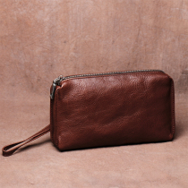 Mens genuine leather handbag soft leather hand grab bag retro-rooted tannic leather long purse casual mobile phone bag minimalist approb. hand grip bag