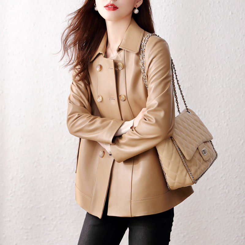 Khalia leather womens short sheepskin conventional type draw rope thin square collar small leather coat windshield