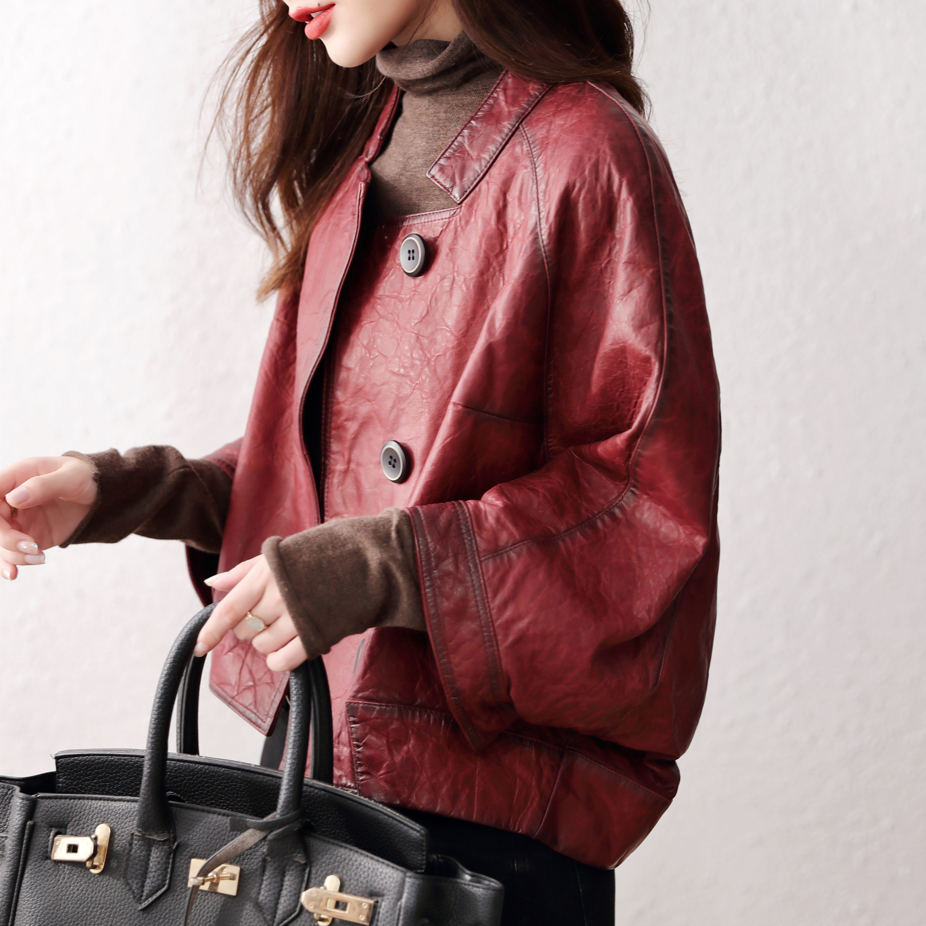 Vintage series Haining leather womens short single leather cape large size loose single leather sheepskin jacket jacket