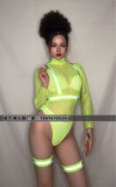 Performance costume fluorescent party fluorescent green mesh sexy conjoined high fork set Bar dance GOGO costume