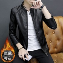 Leather leather clothing spring and autumn youth slim trend plus velvet leather jacket mens handsome casual locomotive jacket mens clothing